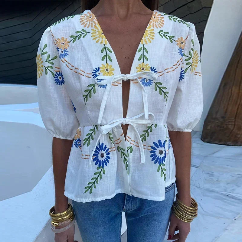 Summer Floral Print Front Tie Half Sleeve Elegant Casual Blouse Women