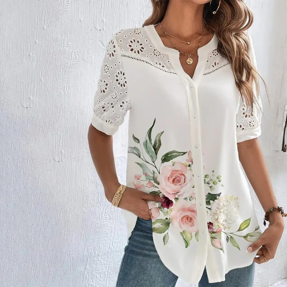 Elegant Casual Button up Floral Short Sleeve Lace Shirt