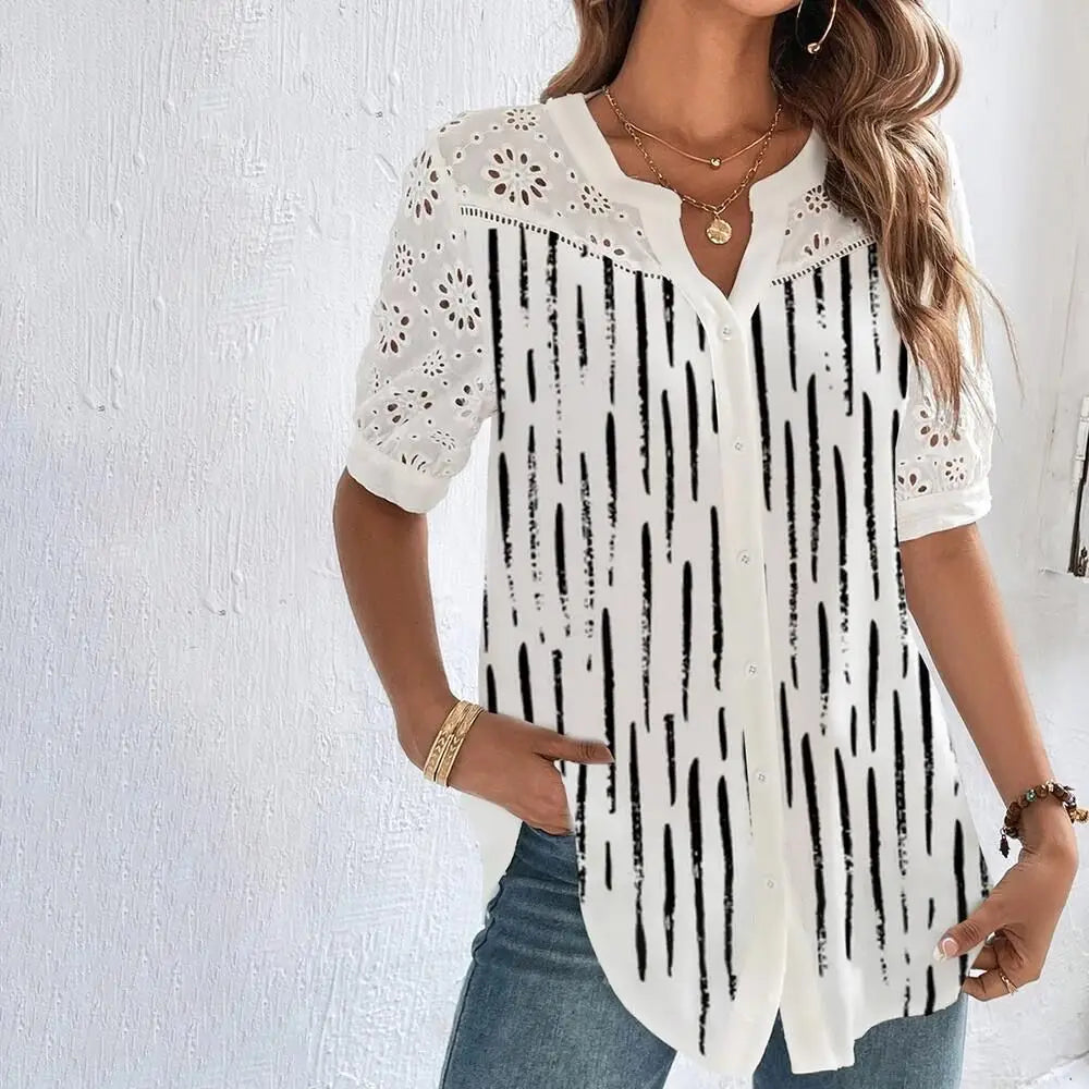 Elegant Casual Button up Floral Short Sleeve Lace Shirt