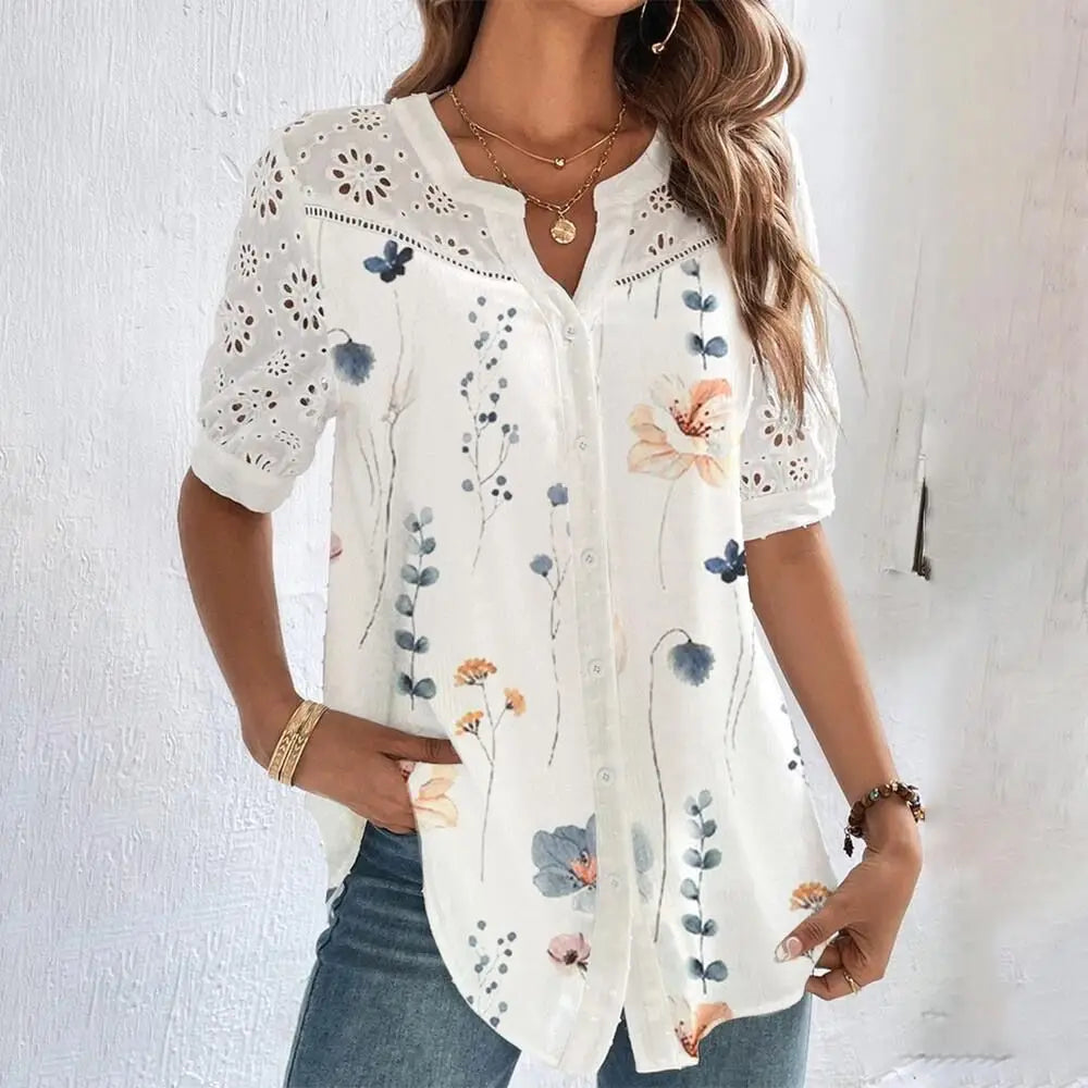 Elegant Casual Button up Floral Short Sleeve Lace Shirt