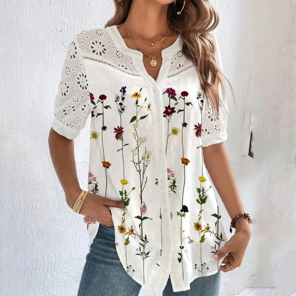 Elegant Casual Button up Floral Short Sleeve Lace Shirt