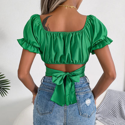 Women Casual Short Sleeve Square Collar Crop Top Summer Chiffon Blouse