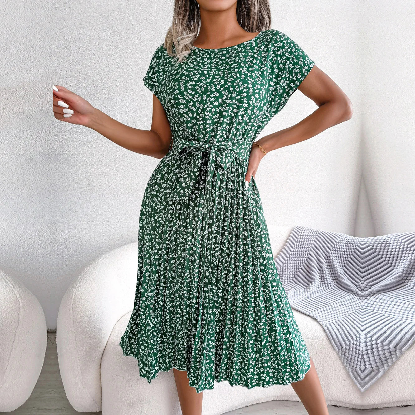 Women Spring Summer Short Sleeve High Waist Chic Dress