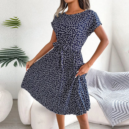 Women Spring Summer Short Sleeve High Waist Chic Dress