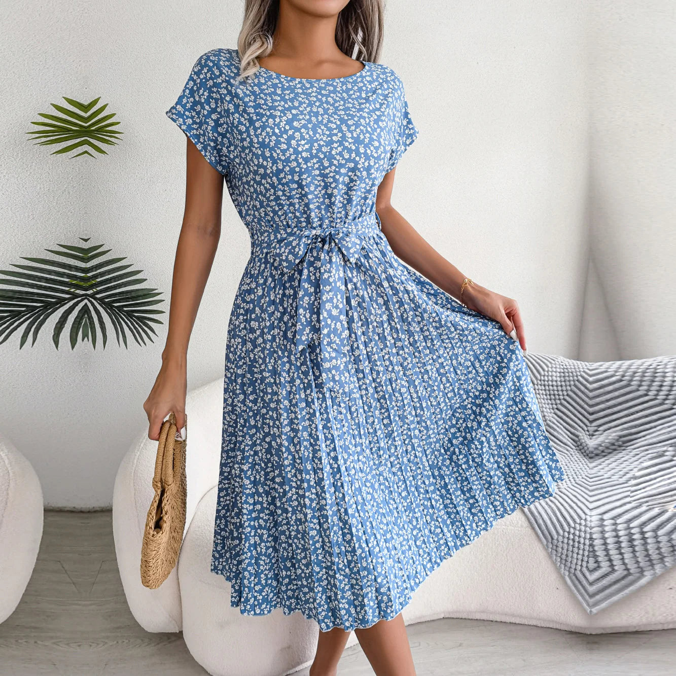 Women Spring Summer Short Sleeve High Waist Chic Dress