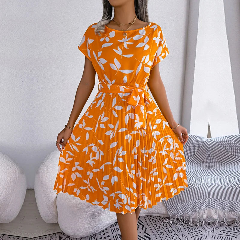 Women Spring Summer Short Sleeve High Waist Chic Dress