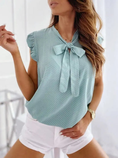 Women's Summer Elegant Ruffles Sleeveless Polka Pot Lace Up Bow Tie Blouse