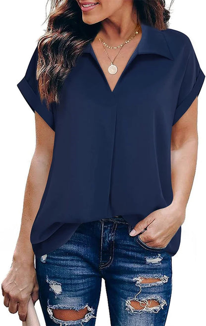 Women Summer Casual  Collared Solid Blouse Top Multiple Colors