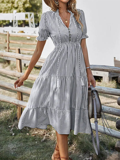 Women's Causal Striped Tassel Medium Long Dress V Neck Button Short Sleeve