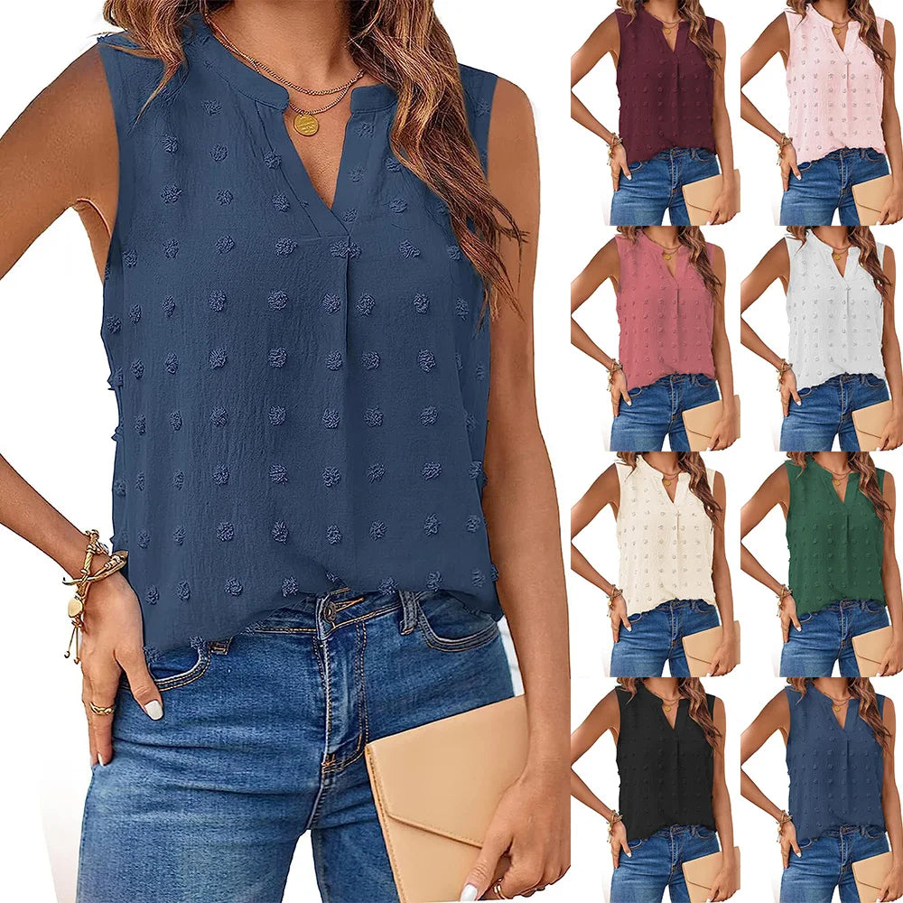 Women's Summer Tank Top Sleeveless Collared V Neck Button Up Blouse