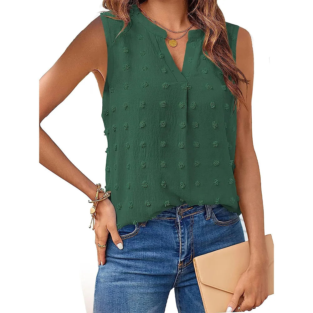 Women's Summer Tank Top Sleeveless Collared V Neck Button Up Blouse