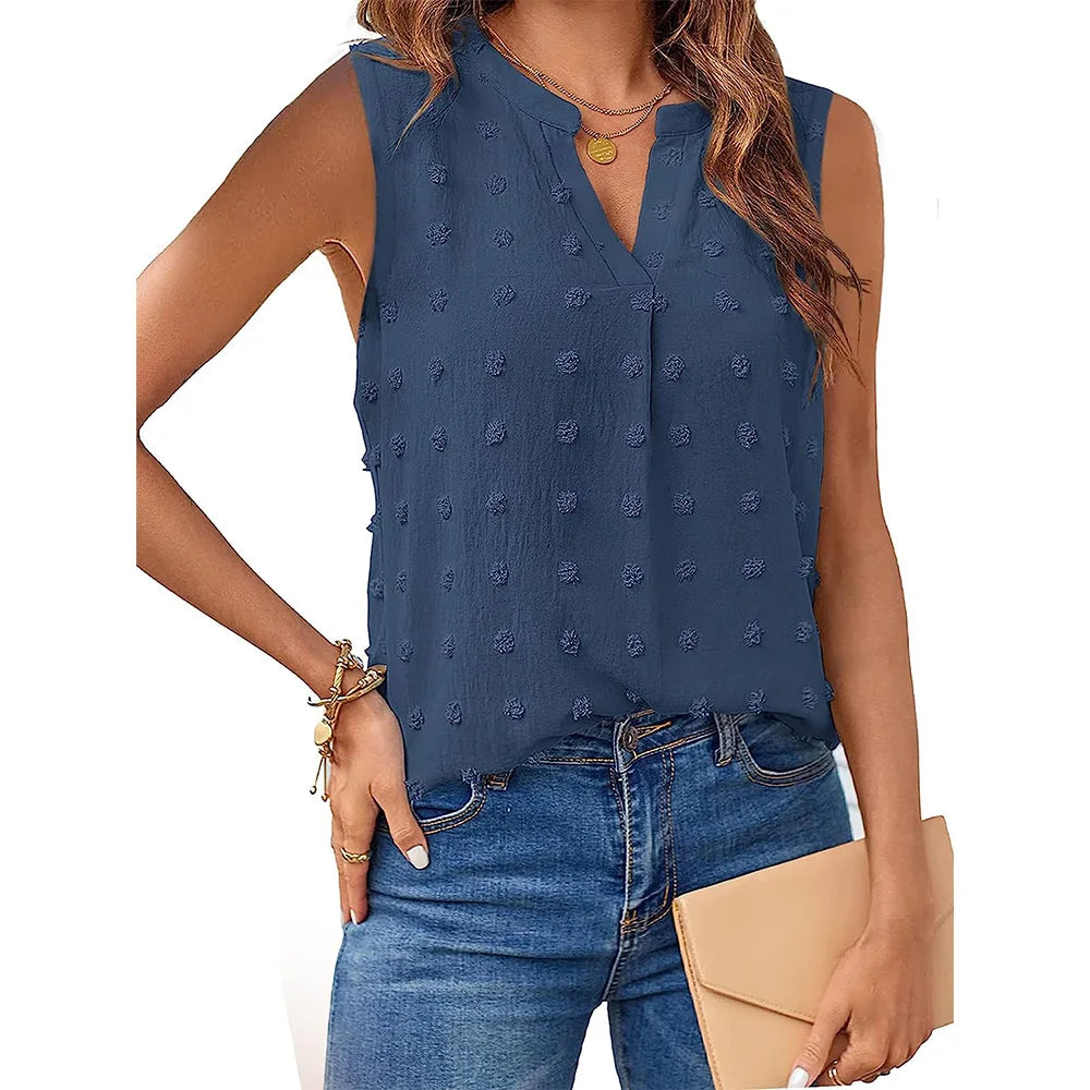 Women's Summer Tank Top Sleeveless Collared V Neck Button Up Blouse