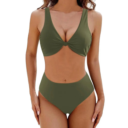 Two-Piece Bikini Set Solid Color Deep V-Neck