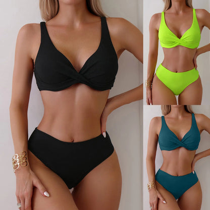 Two-Piece Bikini Set Solid Color Deep V-Neck