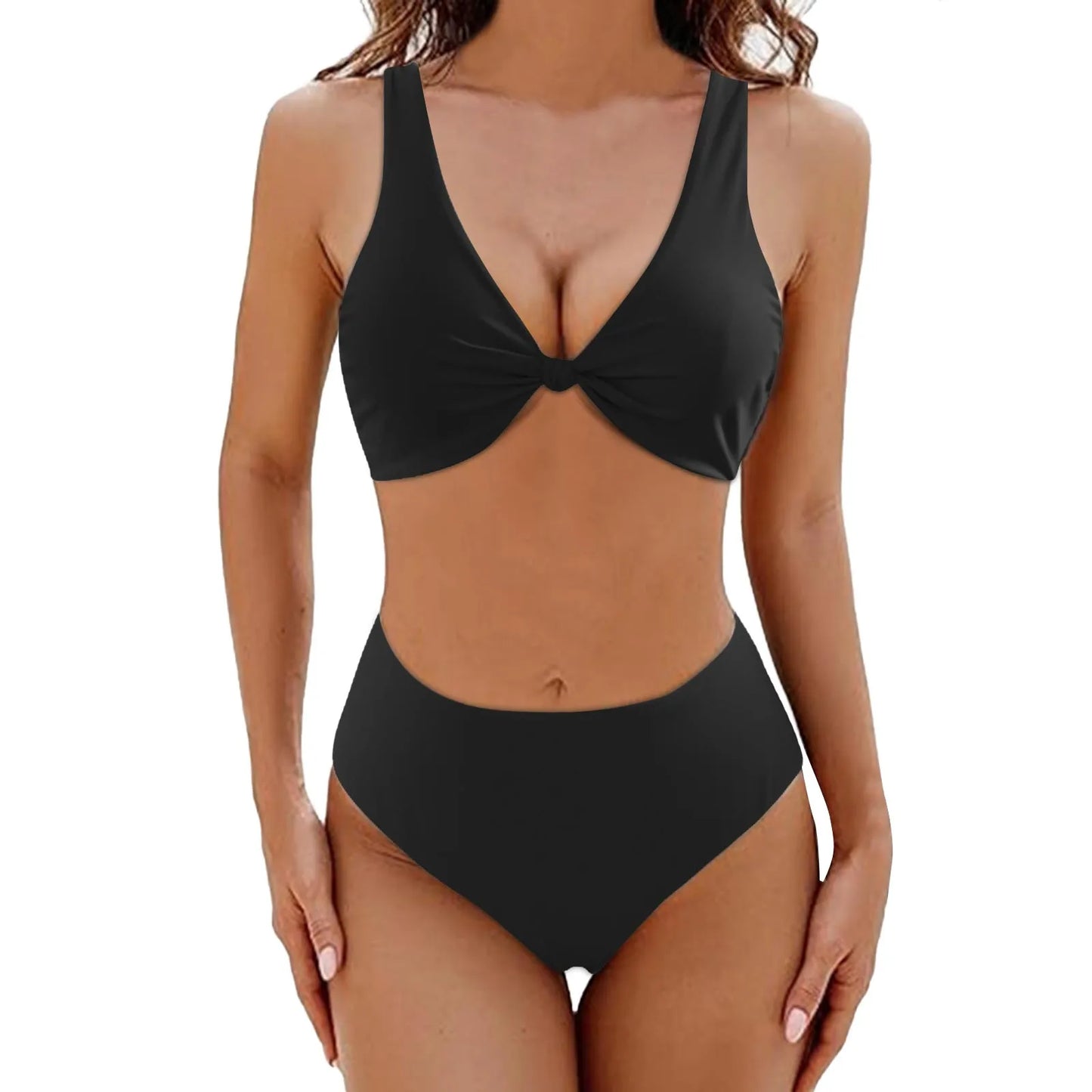 Two-Piece Bikini Set Solid Color Deep V-Neck