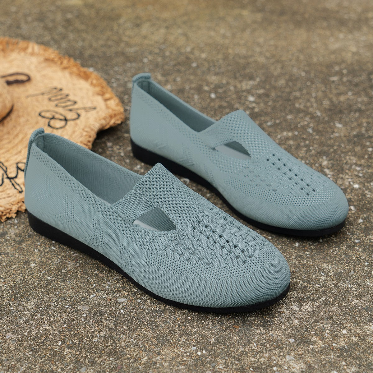 Women's Knitted Flat Shoes - Solid Color Hollow Out Slip On Shoes - Breathable & Comfortable Flats