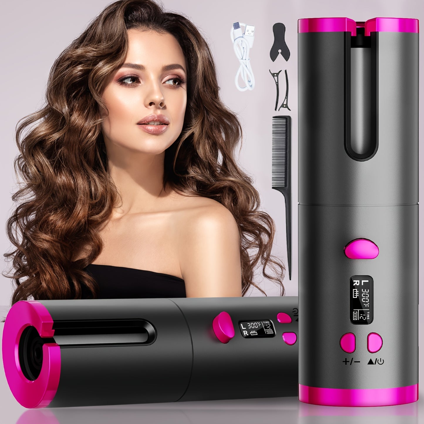 Cordless Automatic Portable Curling Iron - Anti-Tangle, USB Rechargeable, Ceramic Barrel Swivel For Long Hair, Quick Heating, All Hair Styles