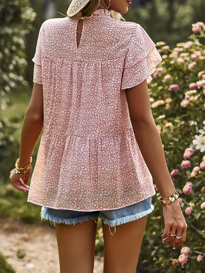 Blusa con dobladillo en capas con volantes y estampado floral - Blusa casual de manga corta - Ropa de mujer primavera y verano 