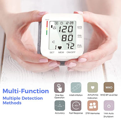 Accurate Wrist Blood Pressure Monitor: Large LCD Display, Adjustable Cuff - 90x2 Sets Memory, Perfect for Home Use