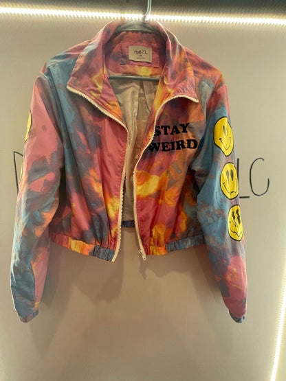 STAY WEIRD Tye Dye Smiley Face Full Zip Windbreaker Jacket rue 21 Size M Medium - Very Good