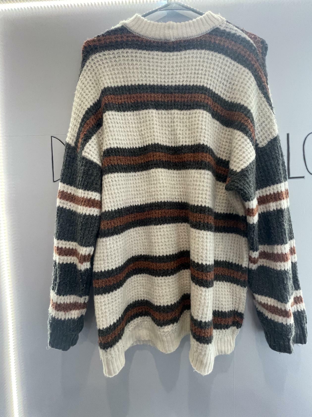 American Eagle Knit Striped Long Sweater - Brown / Gray / White - LN - Like New