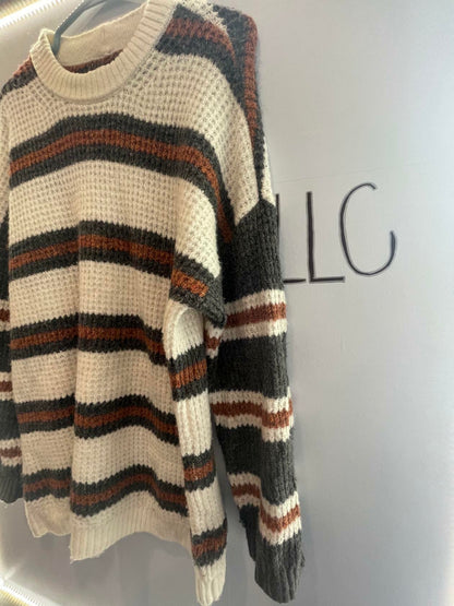 American Eagle Knit Striped Long Sweater - Brown / Gray / White - LN - Like New