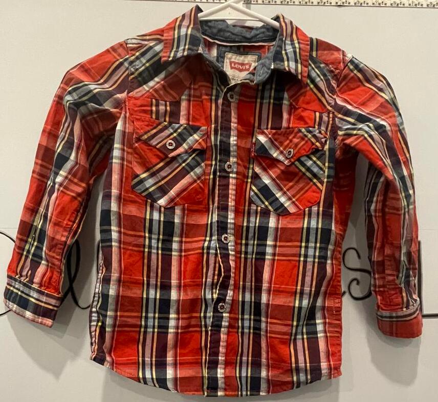 Little Boys LEVI'S Long Sleeve Plaid Button-Up Size 5 Red Blue VG - Very Good