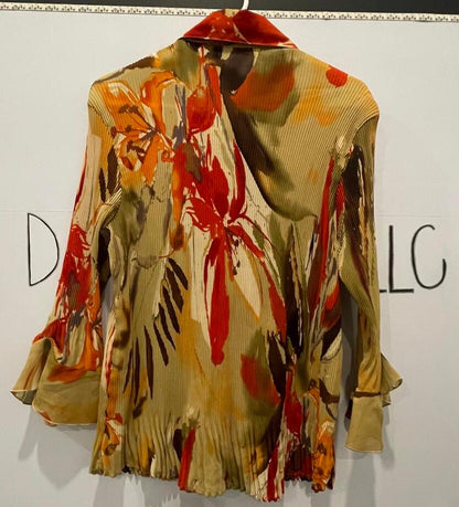 Essentials by Milano Womens Sz XL Blouse Orange Red Floral Button Pleat Flowers - Very Good