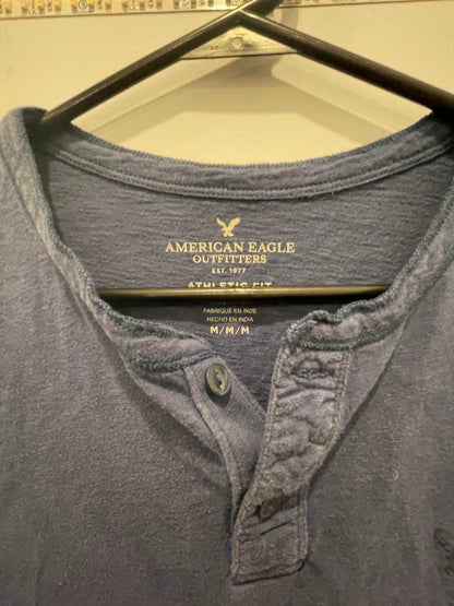 AMERICAN EAGLE Shirt Men's SZ M Navy Blue SS Button Henley Logo - Like New