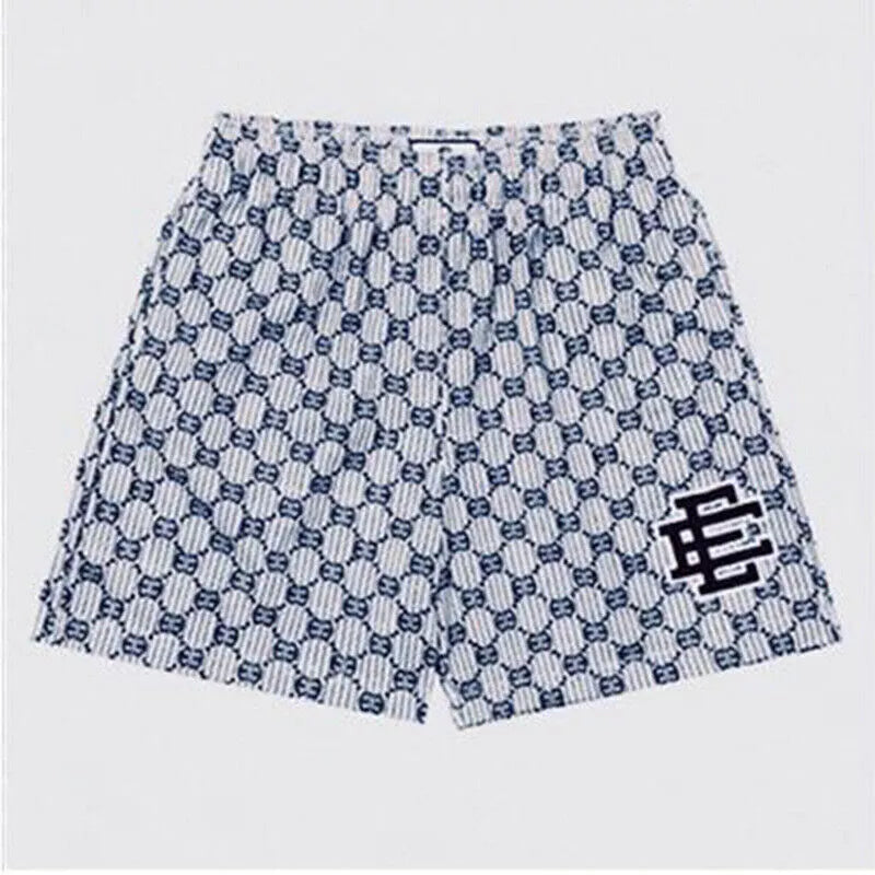 Eric Emanuel EE Basic Shorts Blue Monogram Print Mens Athletic Shorts Sizes Multiple Sizes