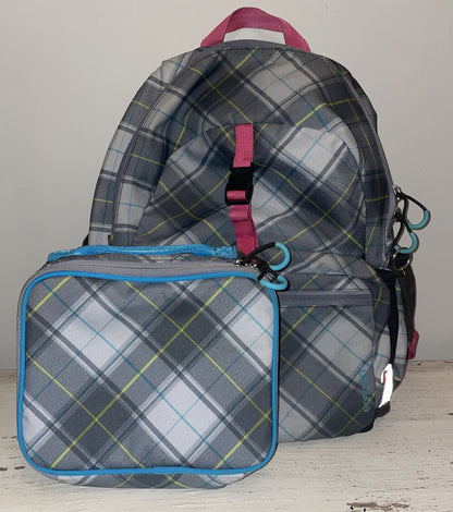 Embark 19" Recycled Content Elite Backpack Blue Gray Plaid w/ Lunch Box