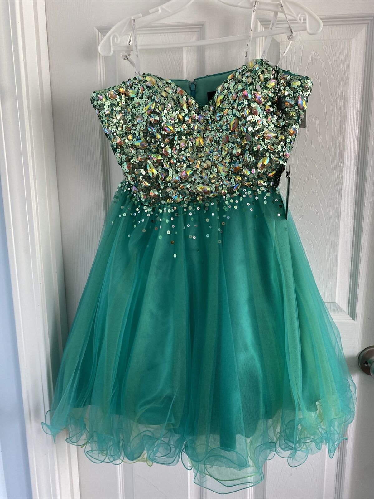 Lime by Riva Turquoise Short Baby Doll Rhinestone Prom Dress w/ Straps size 10