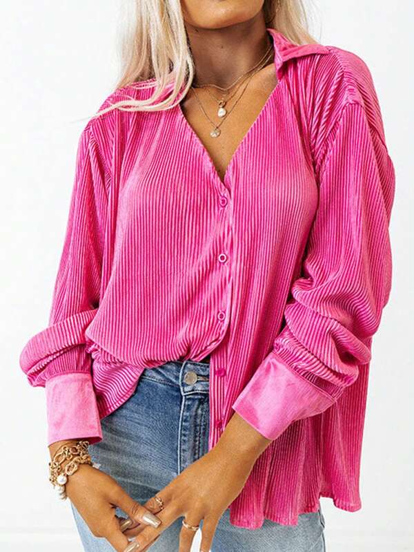 Corduroy V Neck Collared Button Up Shirt - PINK