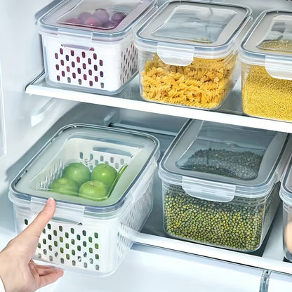 Juego de organizador apilable para nevera de 3 piezas, contenedores transparentes con tapas, contenedores de almacenamiento para refrigerador, organizador de ahorro de productos con cesta de drenaje 