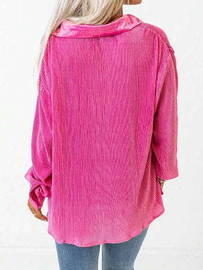 Corduroy V Neck Collared Button Up Shirt - PINK