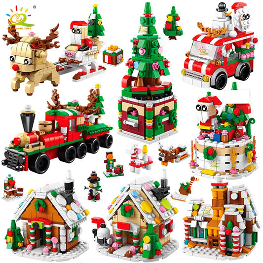 Bloques de construcción de juguete de Navidad 6 en 1, ladrillos, reno, pueblo de Papá Noel, casa de nieve, árbol, tren, taller de trineo 