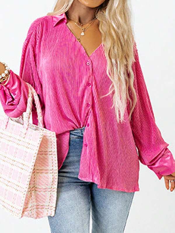 Corduroy V Neck Collared Button Up Shirt - PINK