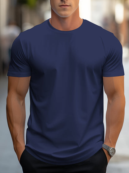 Classic Style Men's Solid T-shirt, Men's Casual Solid Color Stretch Round Neck Tee Shirt